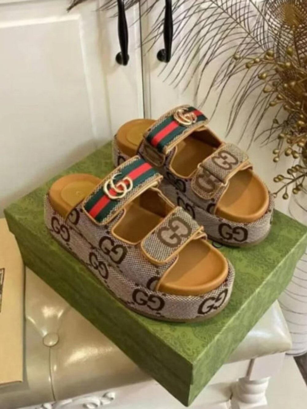 Gucci Beige Brown Monogram Platform Slides with Green Red Web